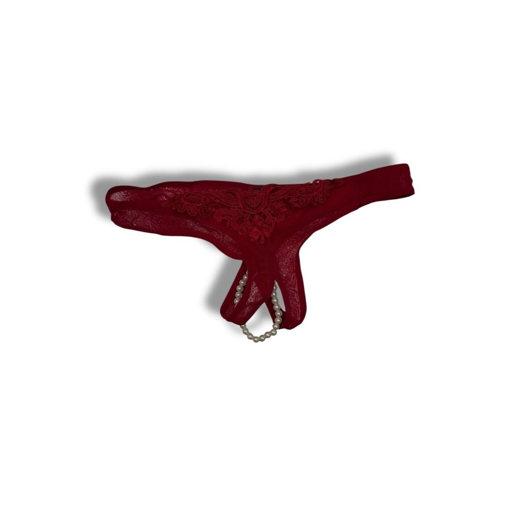 Olivia Paris NWT‎ Pearl Crotch Lace Thong One Size Red Lingerie Intimates